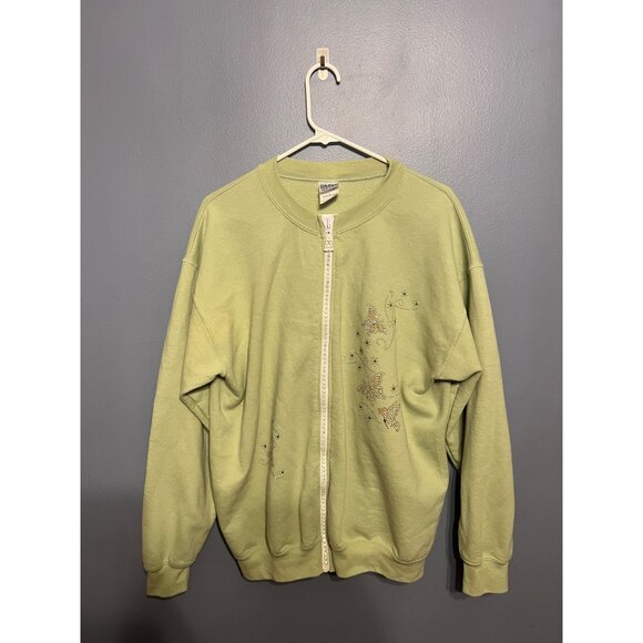 Women's‎ Basic Light Green Zipper Sweatshirt With Bedazzled Butterflies Size LG - Picture 1 of 9